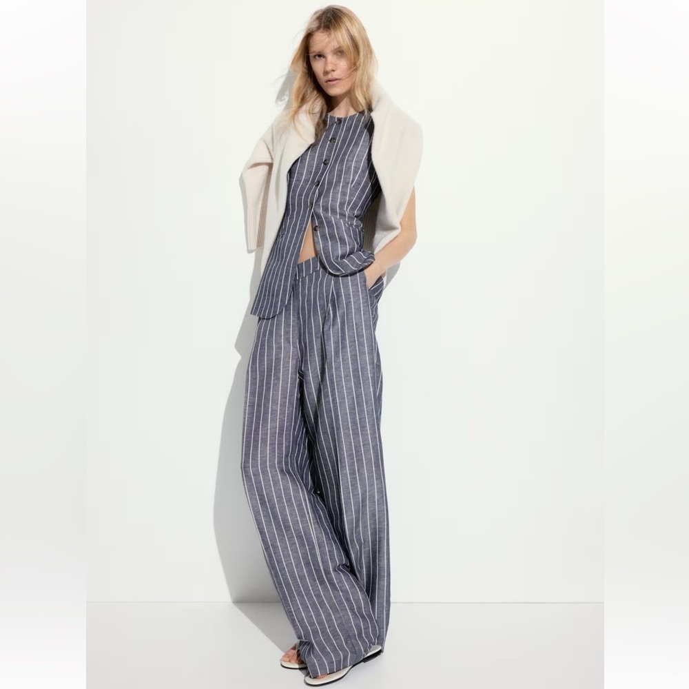 H&M Edition Navy-Blue/Striped Linen Blend Pants